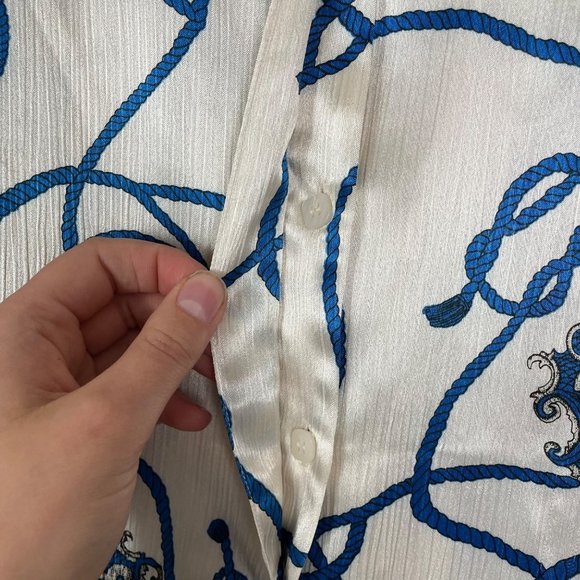 VTG Oscar de la Renta Expressions Woman's Sz 10 White & Blue Rope Satin Blouse - Picture 6 of 9
